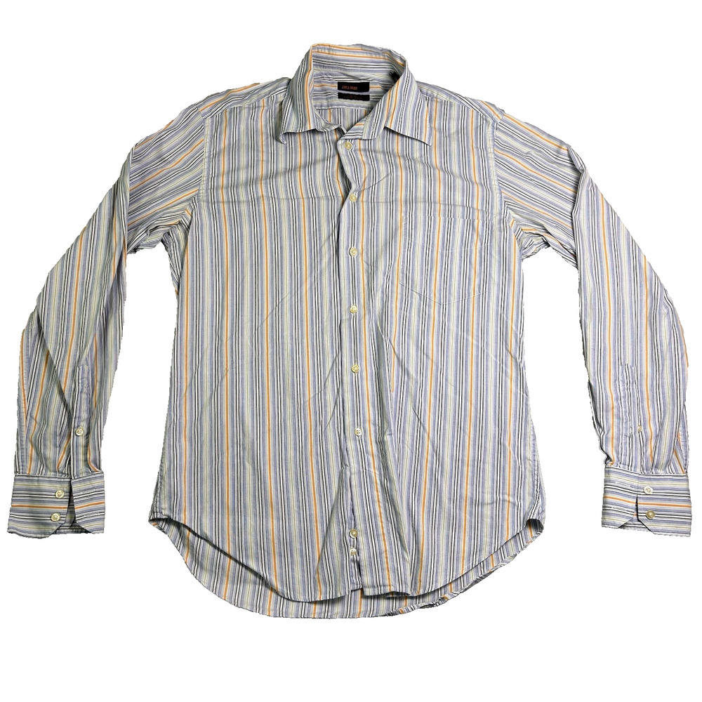 Zara Man Button Up Shirt Mens Medium Blue Orange 100% Cotton Striped Fall Formal